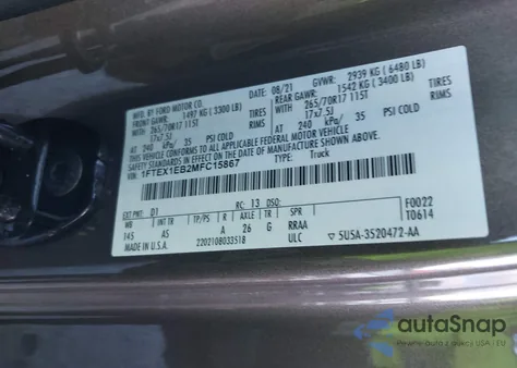 2021 Ford F-150 Xl из США, поврежденный, VIN 1FTEX1EB2MFC15867